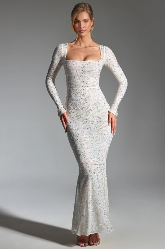 Embellished Fishtail Maxi Dress in White - UK Size:10